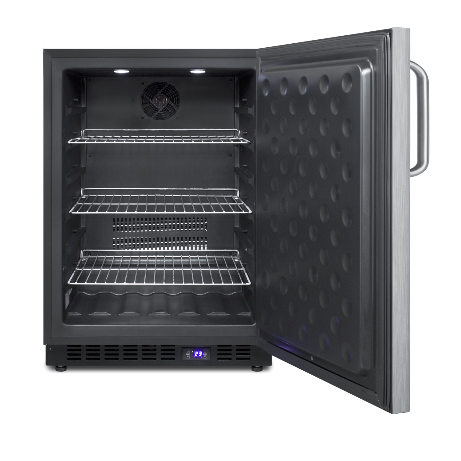 Frost-free outdoor all-freezer w/digital thermostat, LED light, black cabinet, lock, stainless steel door and towel bar handle; built-in or freestanding